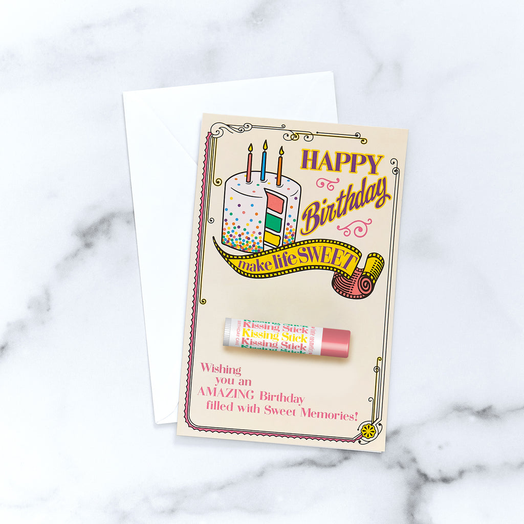 Make Life Sweet Birthday Card - Birthday Cake Flavored Lip Balm Kissing Stick