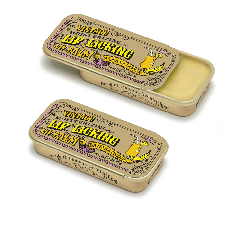 Banana Daiquiri flavored lip balm in a vintage slider tin