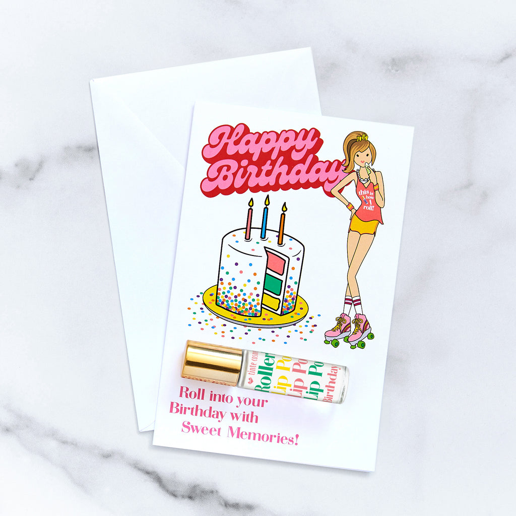 Tinte Roller Girl Birthday Card - Birthday Cake Rollerball Lip Potion